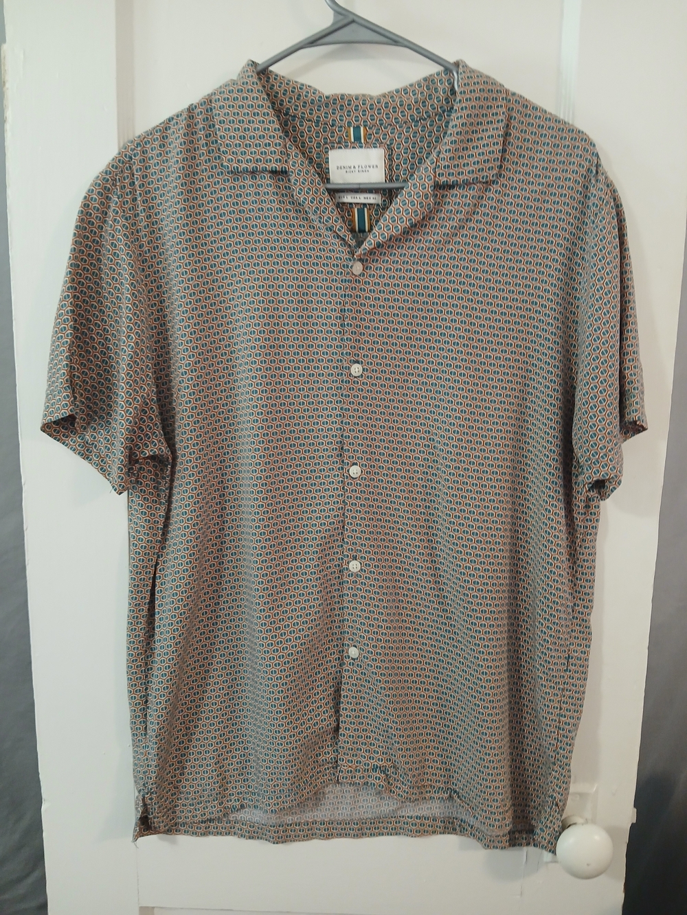 Short-Sleeve Button-Down Casual Shirt - Beige Geometric Print [174]